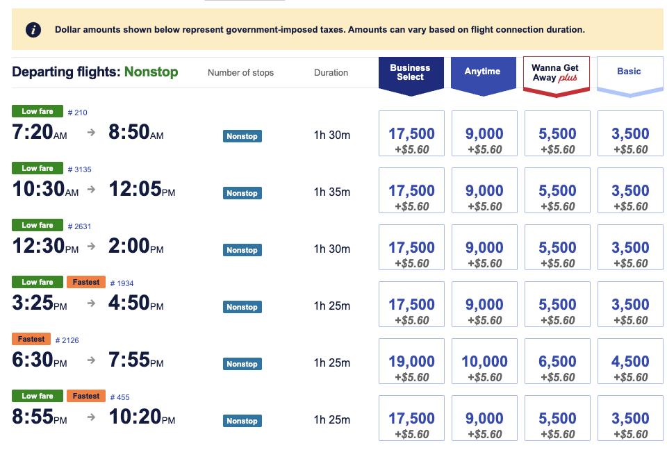 Southwest PHX LAX award flight